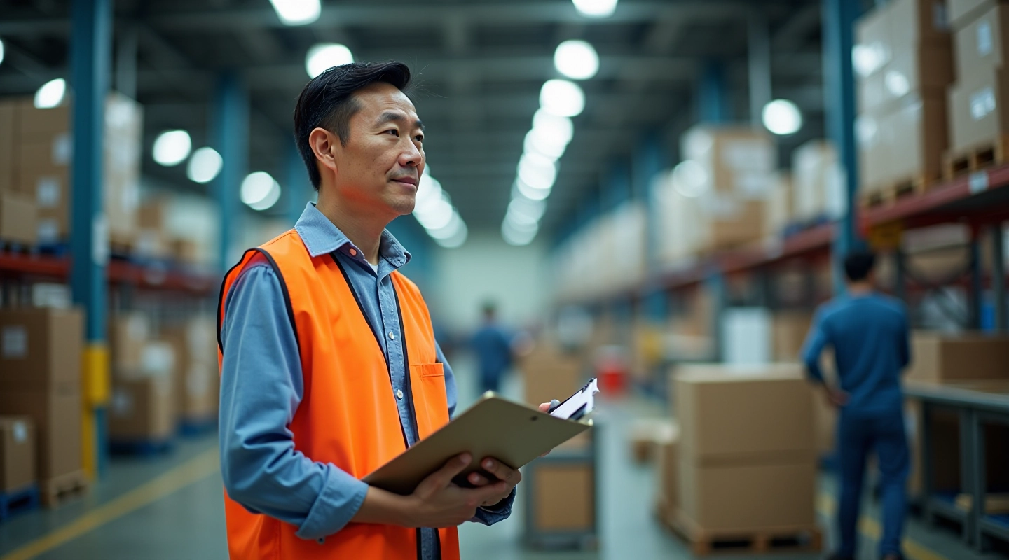 Factory worker examining production line with clipboard and quality checklist