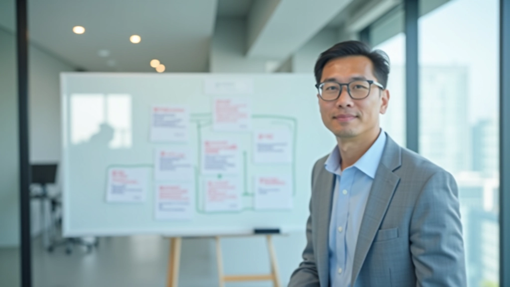 Professional manager reviewing organized workspace and improvement plan on whiteboard in modern office