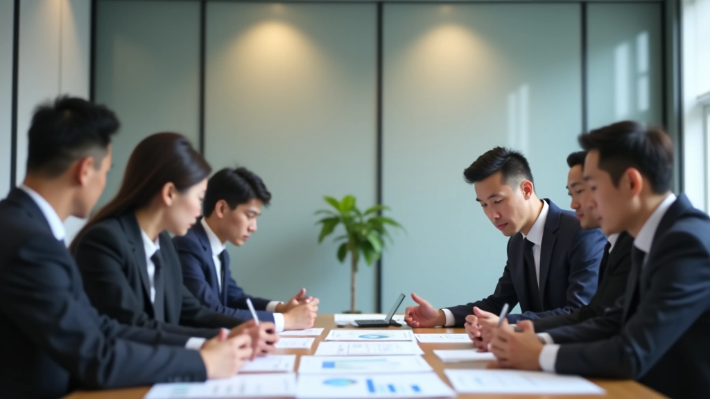 Manager reviewing printed process improvement metrics with team members at meeting table