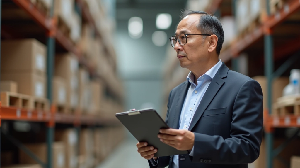 Manager observing warehouse operations and noting workflow inefficiencies on clipboard