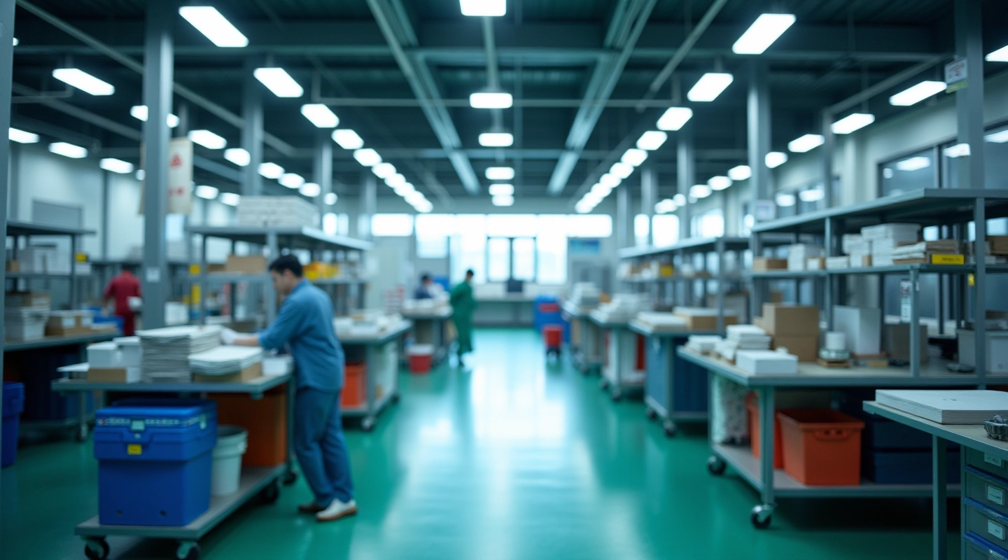 Manufacturing floor with organized workstations and lean signage