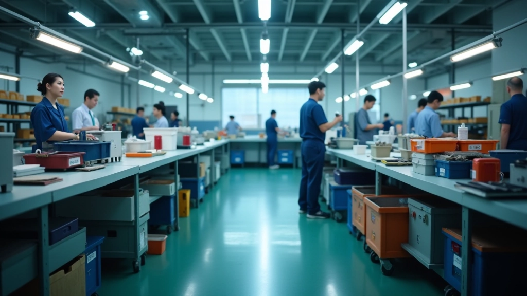 Production floor with organized workstations and clear labeling showing efficient workspace layout