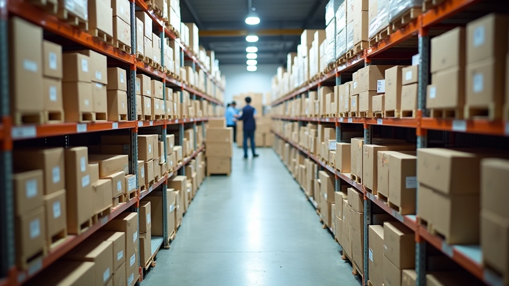 Modern organized warehouse with labeled storage systems and clear inventory management