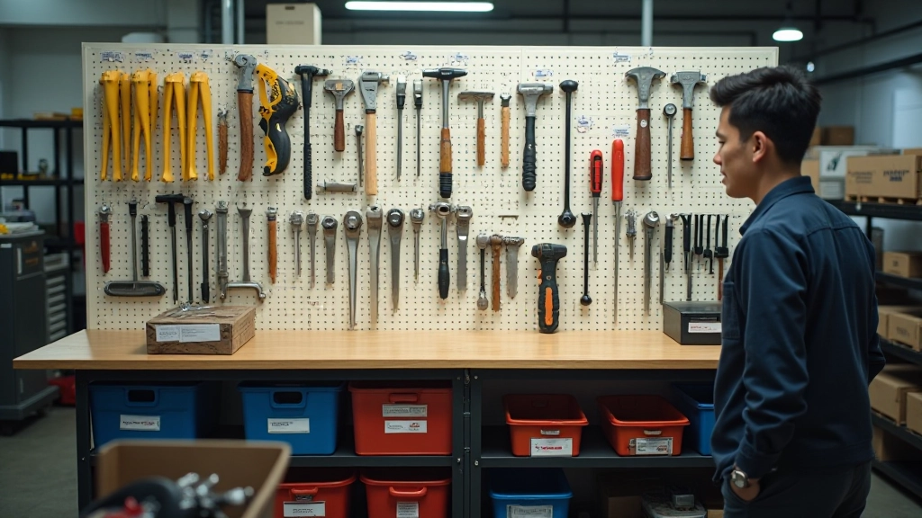 Workshop tools organized on pegboard with labeled bins and storage containers for efficient space management