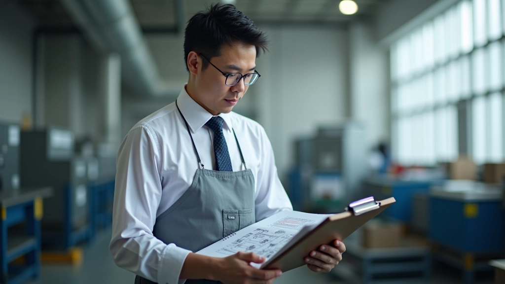 Supervisor reviewing hand-written process flow notes on clipboard in manufacturing area