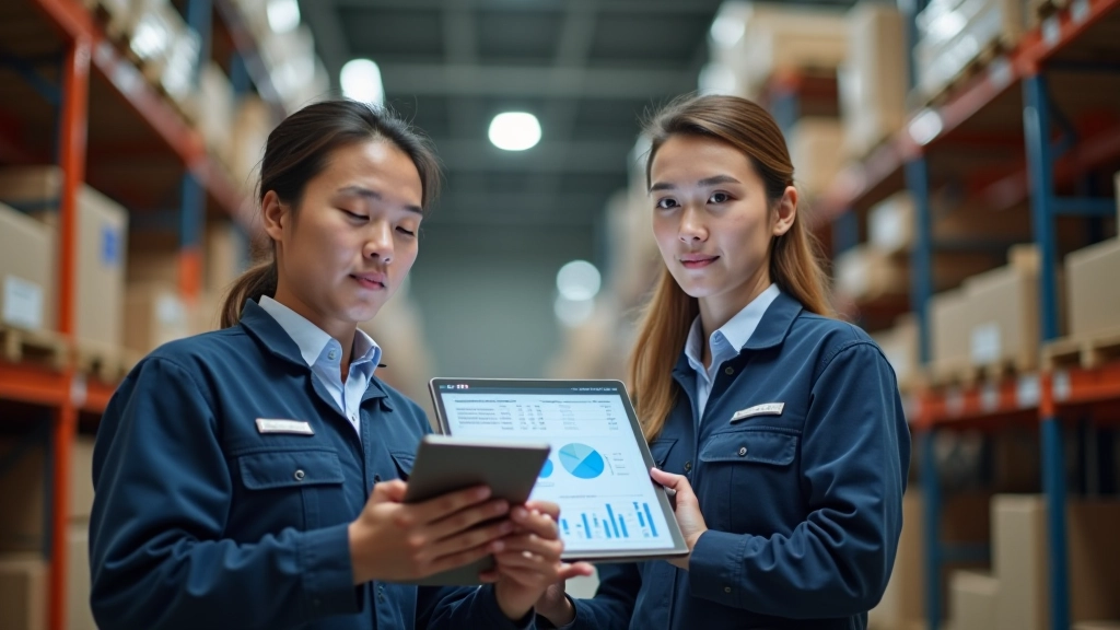Team analyzing performance charts and data on tablet device in warehouse setting